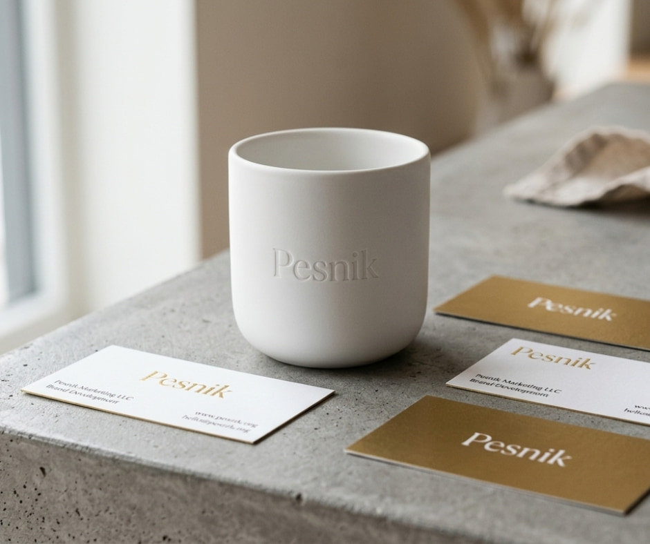Premium photo of branded office materials, gold and white color palette.