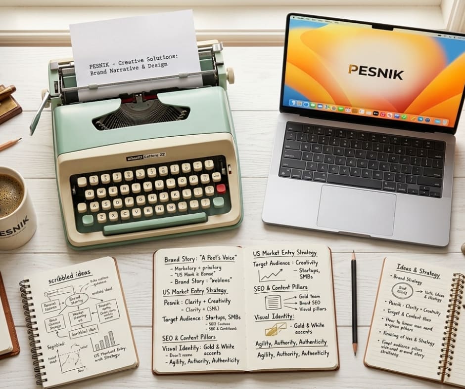 Top-down photo of a creative workspace with a vintage typewriter and a modern laptop.