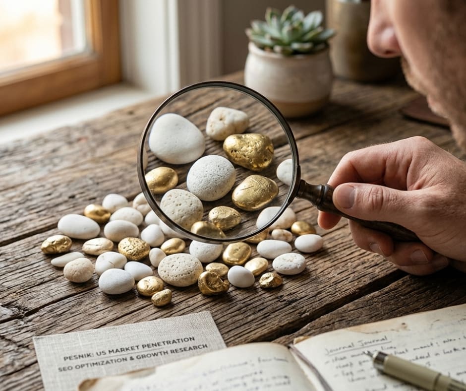 Conceptual photo of using a magnifying glass to find hidden value, symbolizing SEO research.